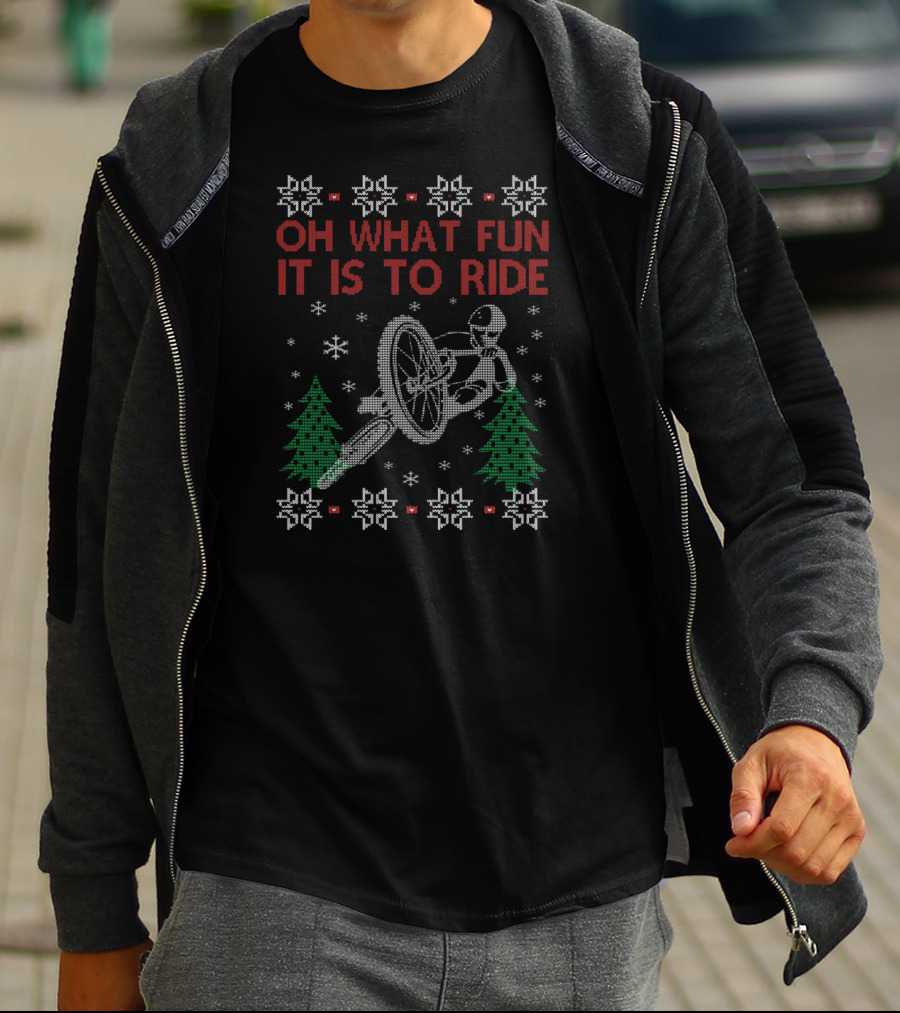 Oh What Fun It Is To Ride Cycling Christmas Snowflakes Trees T-Shirt