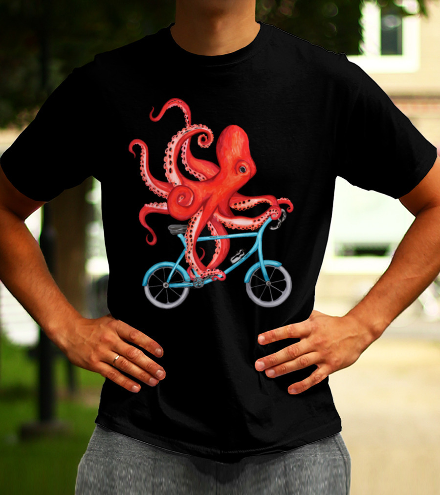 Cycling Octopus On Blue Bicycle T-Shirt