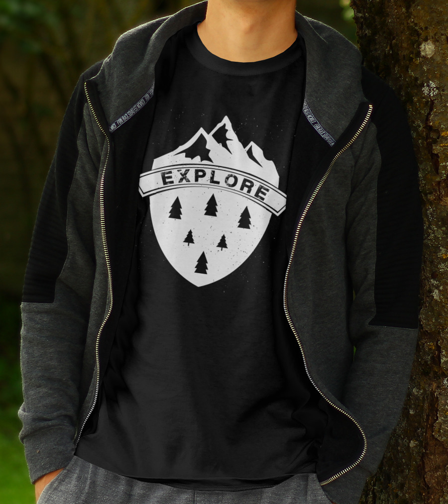 Explore The Great Outdoors Mountains Trees Badge T-Shirt