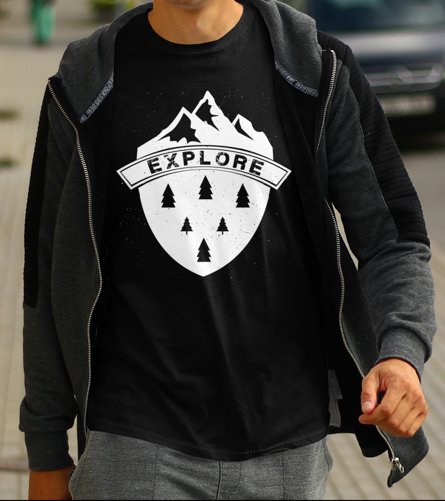 Explore The Great Outdoors Mountains Trees Badge T-Shirt