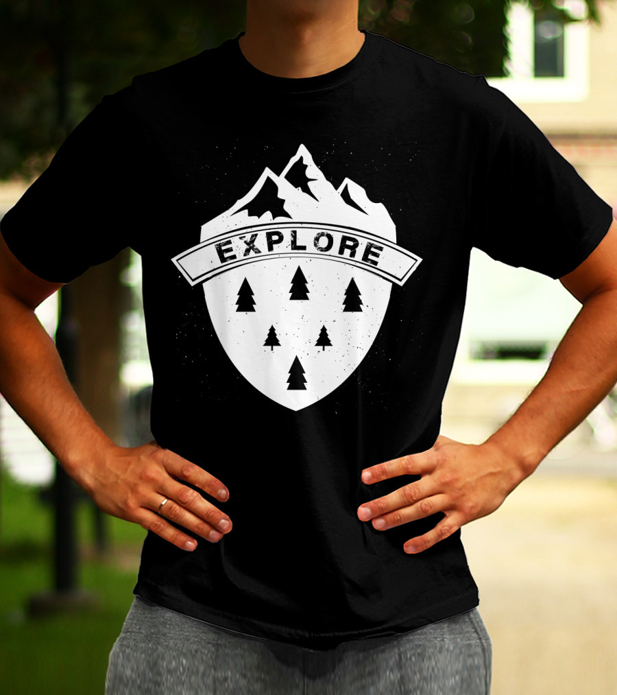 Explore The Great Outdoors Mountains Trees Badge T-Shirt
