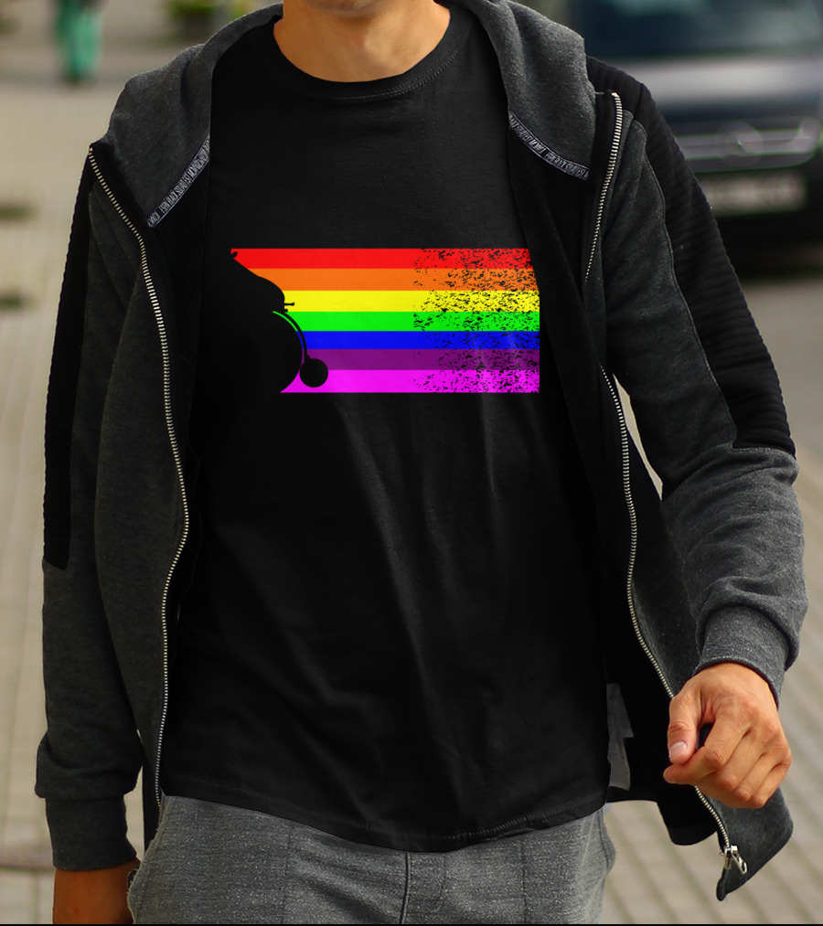 Giraffe Riding A Bike With Retro Rainbow Stripes T-Shirt