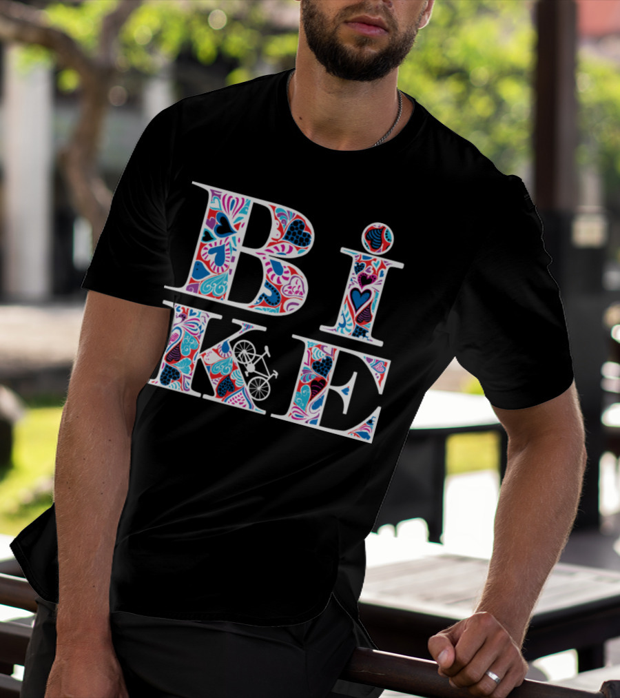 Heart Pattern Bike Typography T-Shirt