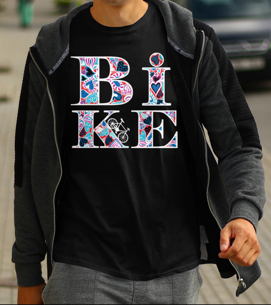 Heart Pattern Bike Typography T-Shirt