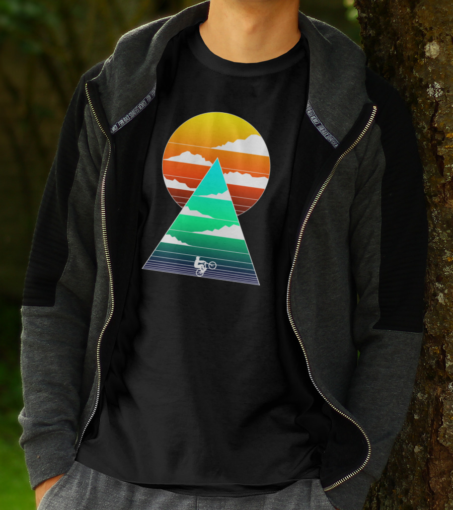 Sunset Mountain Biking Adventure In Geometric T-Shirt