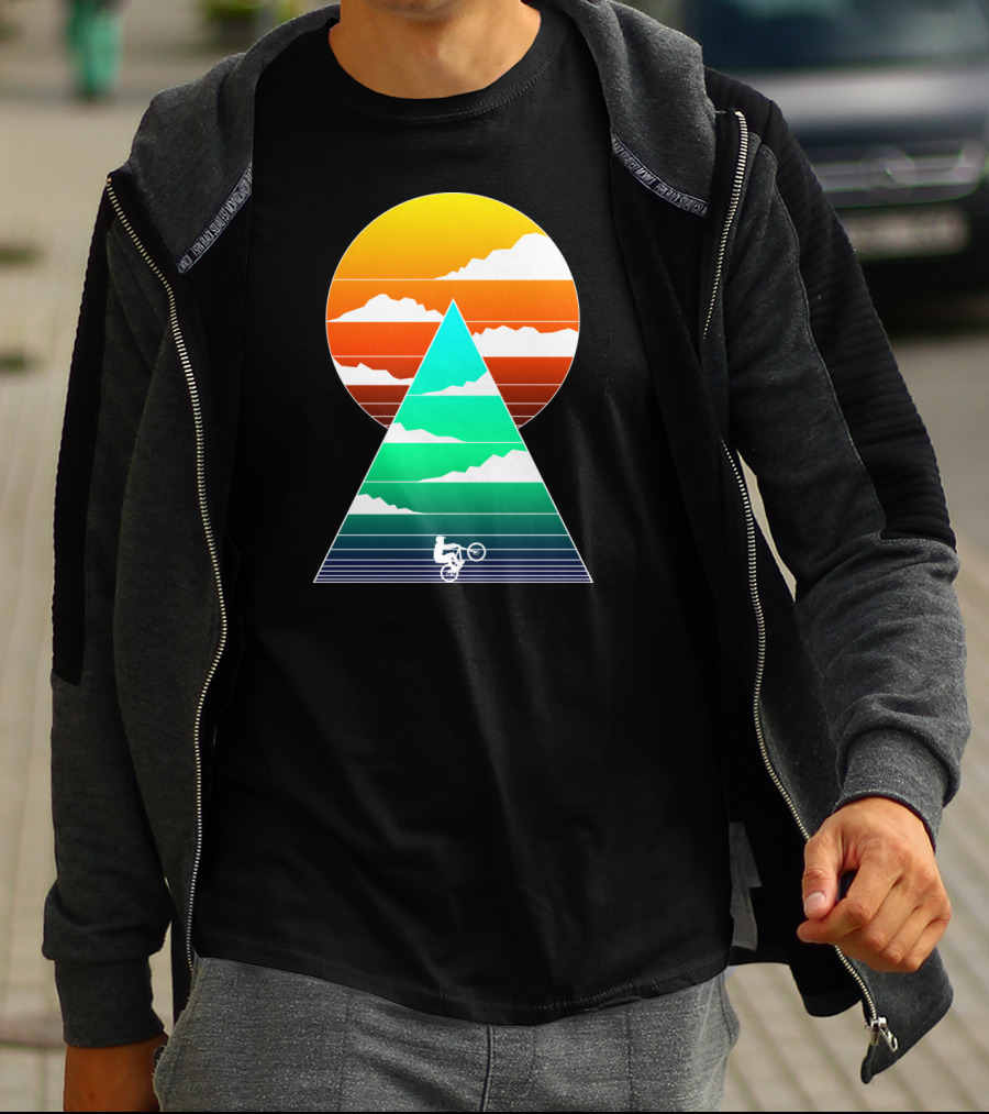 Sunset Mountain Biking Adventure In Geometric T-Shirt