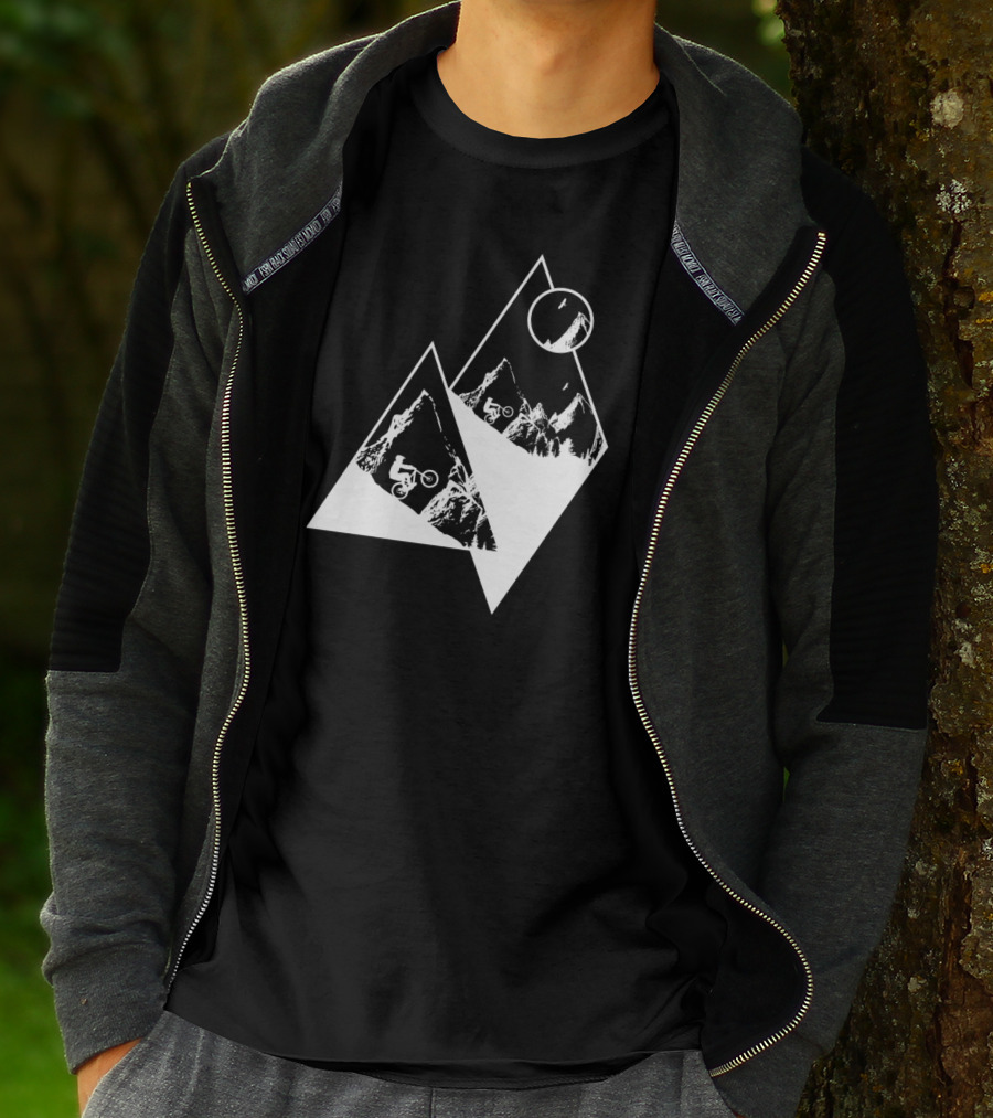 MTB Cyclist On White Mountain Peaks With Moon In Geometric T-Shirt