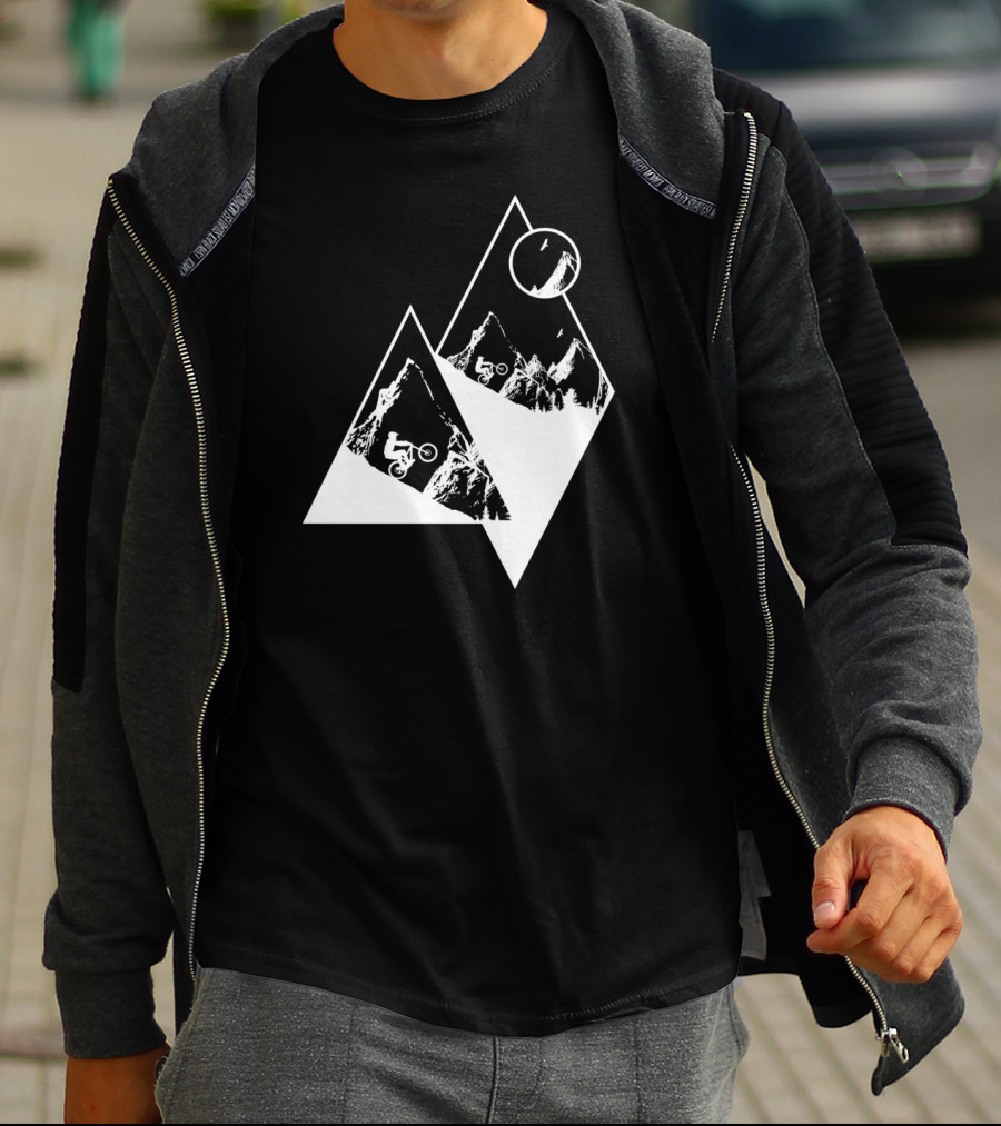 MTB Cyclist On White Mountain Peaks With Moon In Geometric T-Shirt