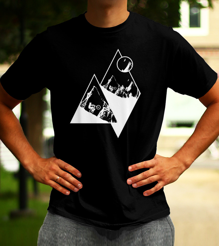 MTB Cyclist On White Mountain Peaks With Moon In Geometric T-Shirt