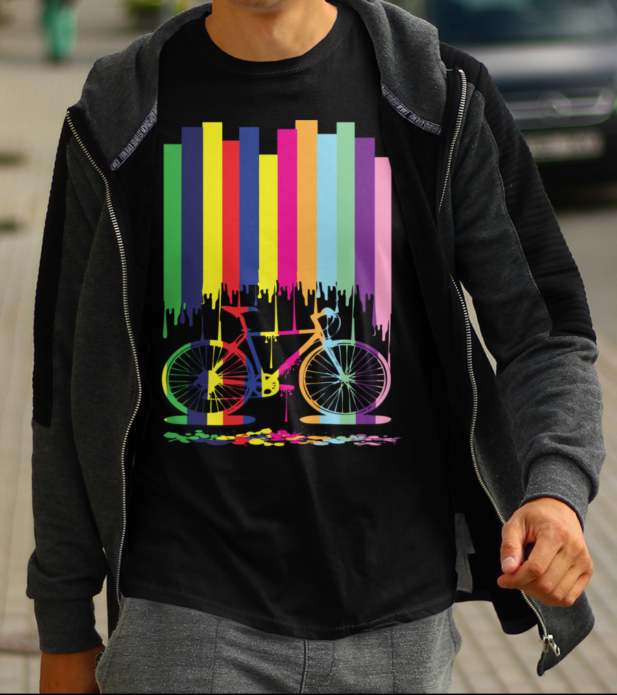Rainbow Bicycle Dripping Paint Stripes T-Shirt