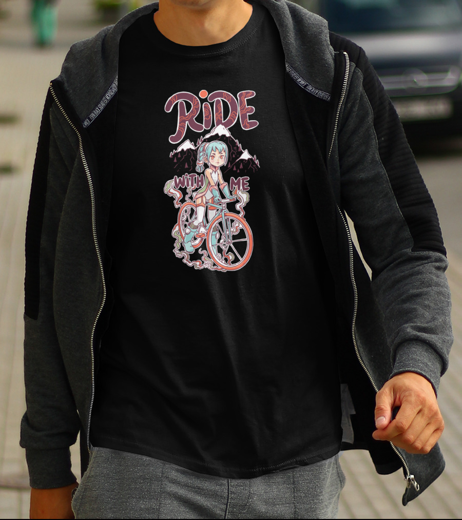 RIDE WITH ME Manga Style Biking Adventure With Blue-Haired Anime Character And Mountain Background T-Shirt