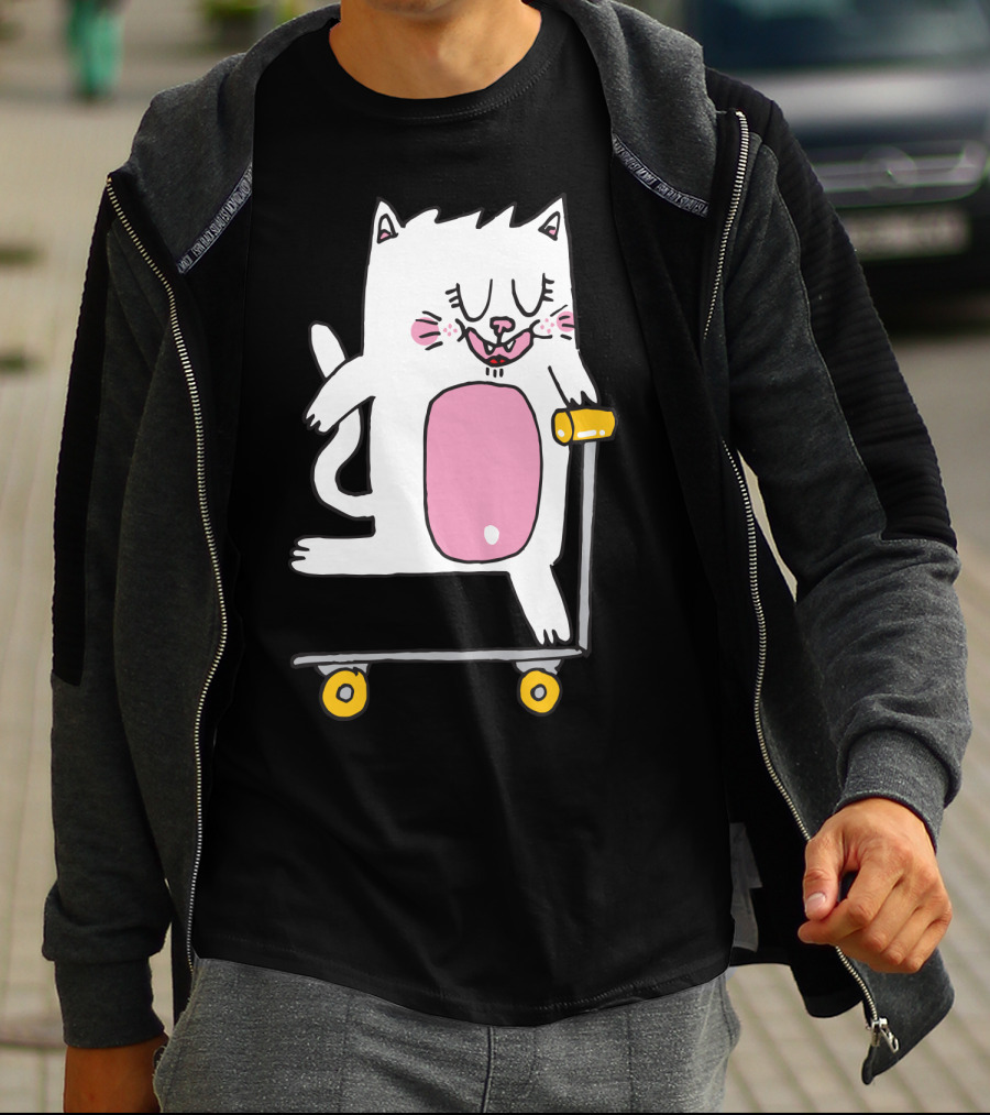 Riding The Scooter With Happy White Cat T-Shirt