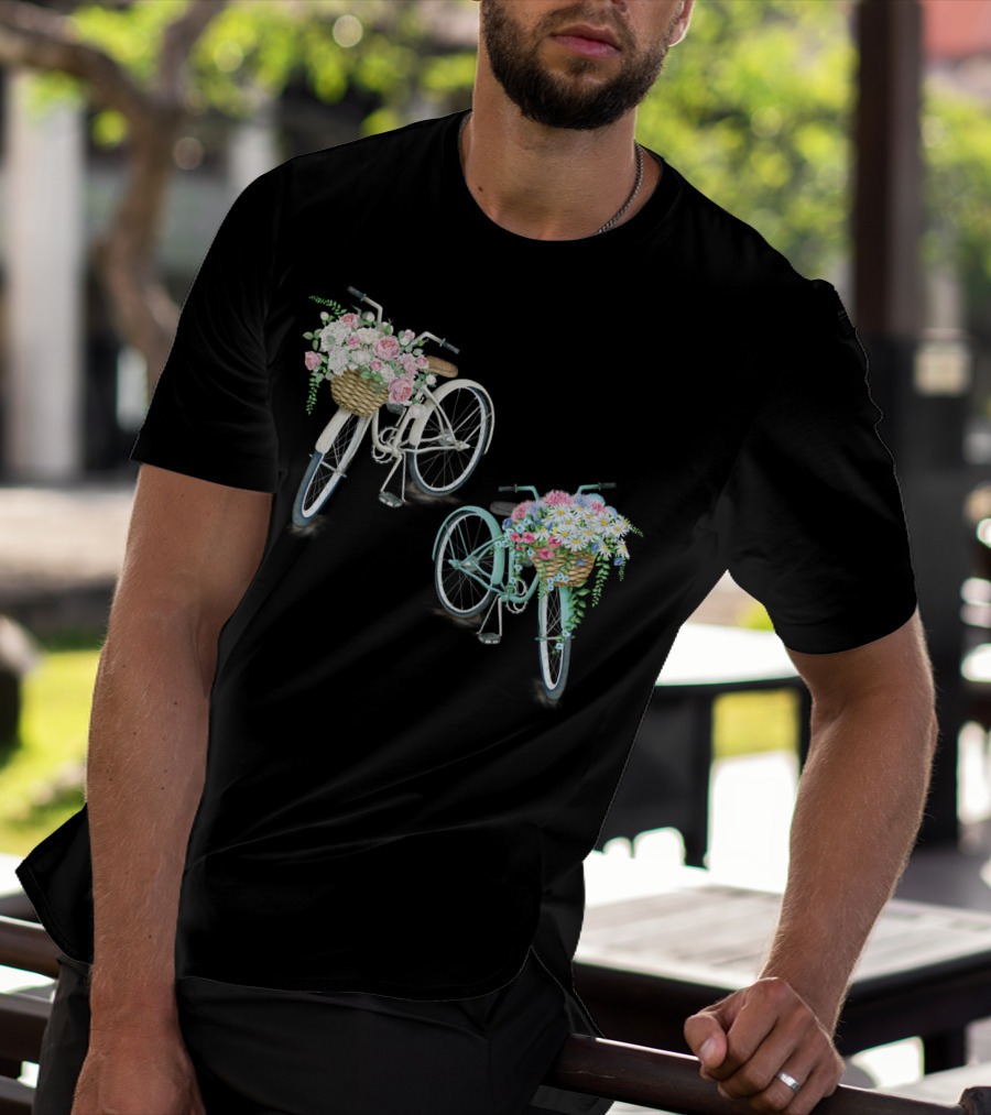 Vintage Bicycles With Flower Baskets Roses And Daisies T-Shirt