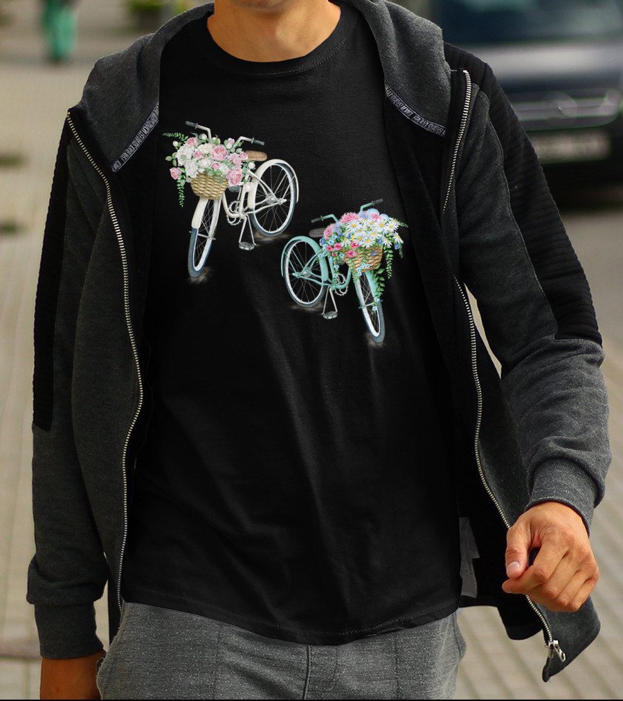 Vintage Bicycles With Flower Baskets Roses And Daisies T-Shirt