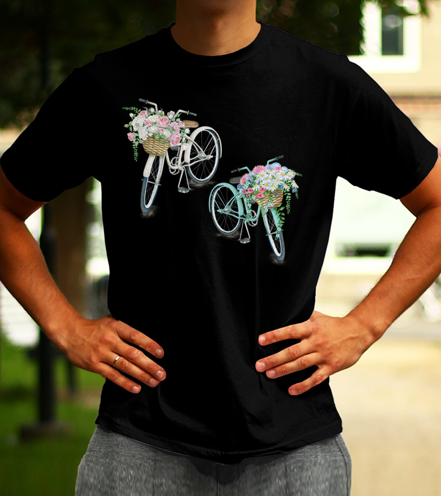 Vintage Bicycles With Flower Baskets Roses And Daisies T-Shirt
