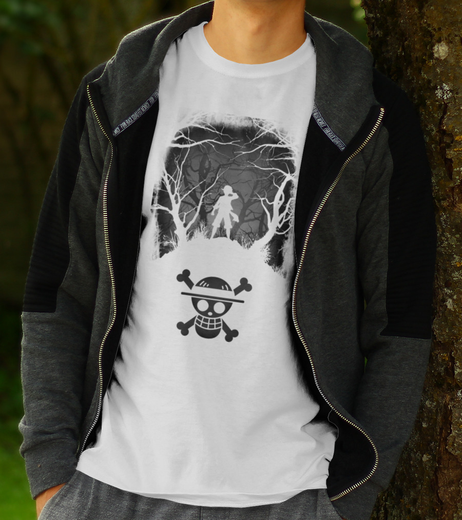 Luffy Silhouette In The Woods With Straw Hat Pirate Skull T-Shirt