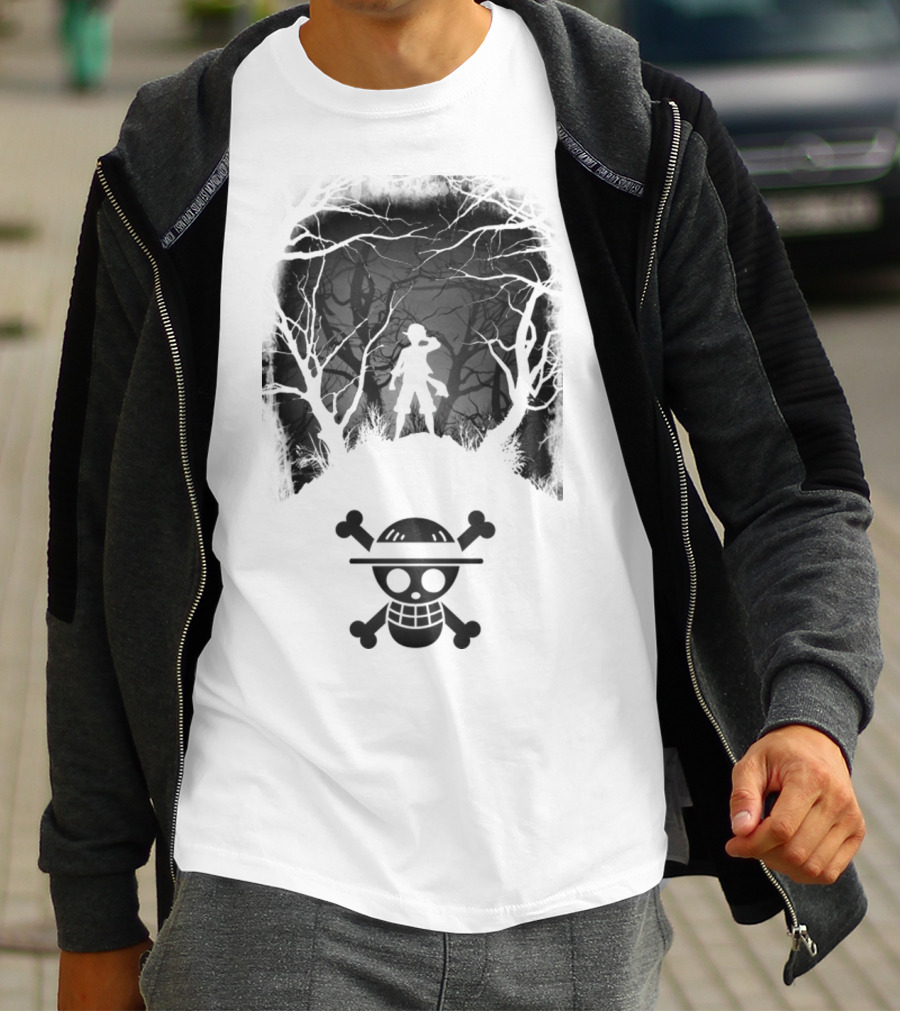 Luffy Silhouette In The Woods With Straw Hat Pirate Skull T-Shirt