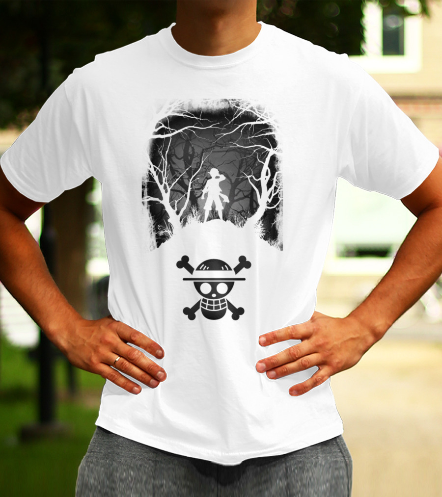 Luffy Silhouette In The Woods With Straw Hat Pirate Skull T-Shirt