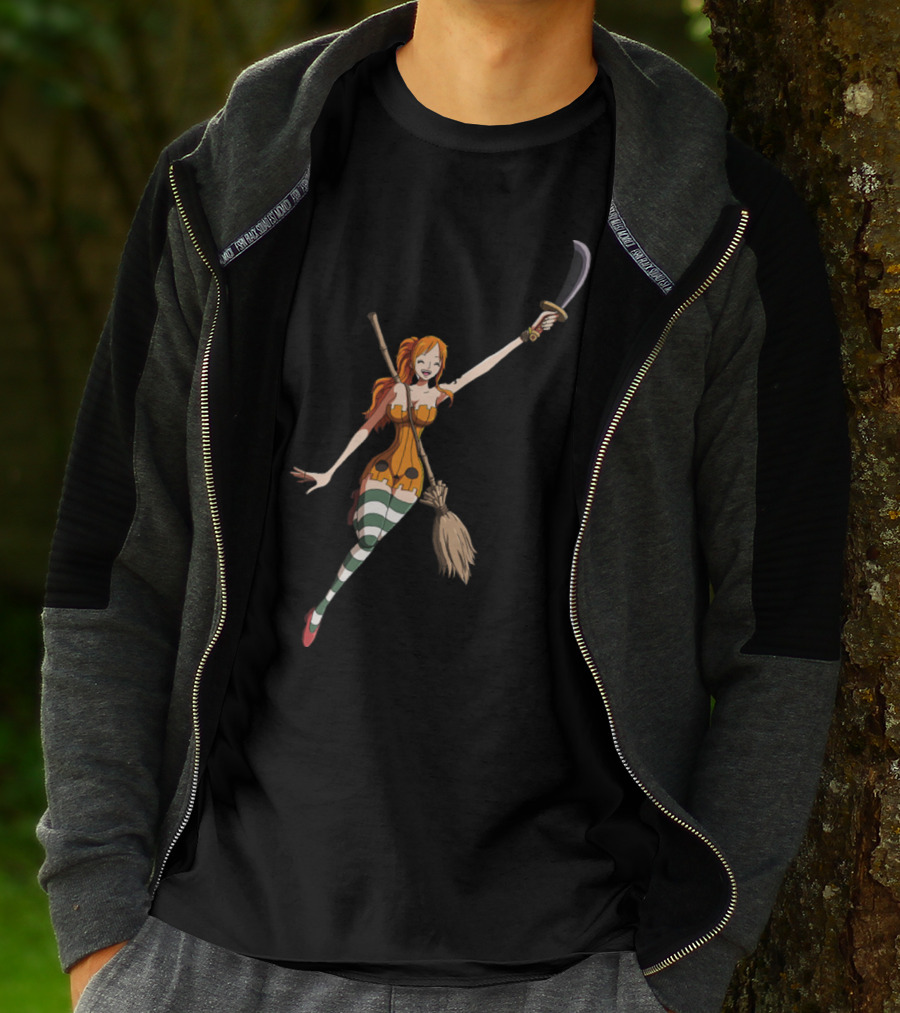 Nami Witch Riding Broomstick Sword Striped Stockings T-Shirt