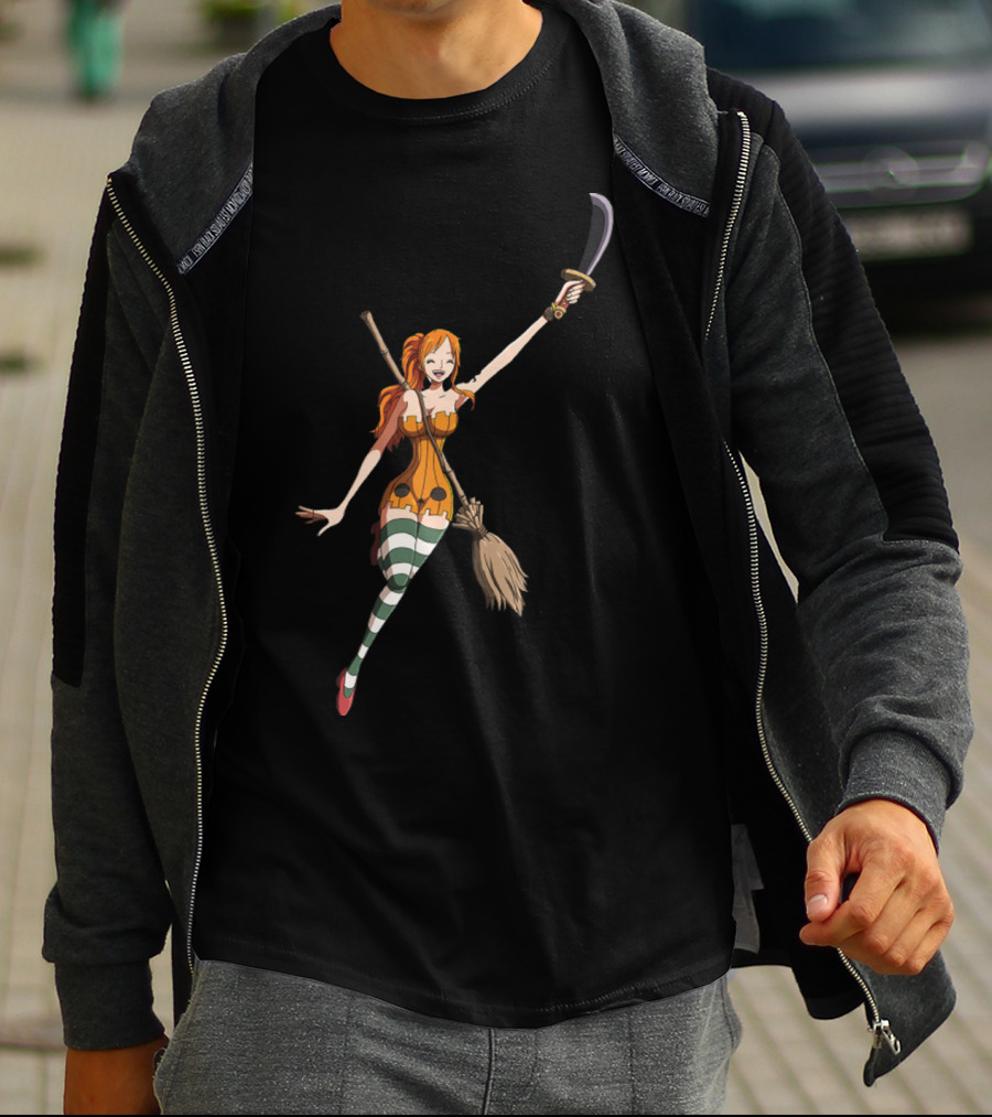 Nami Witch Riding Broomstick Sword Striped Stockings T-Shirt