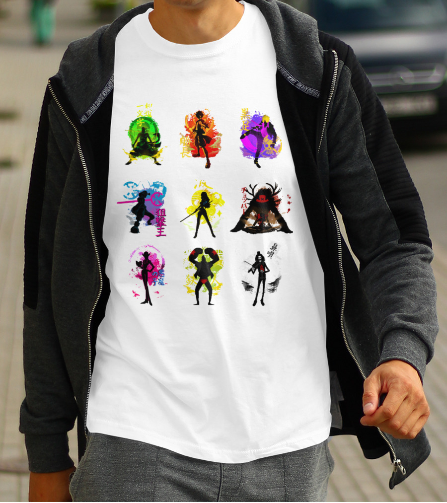 Anime Pirates Straw Hat Crew Silhouettes Japanese Text Colors T-Shirt