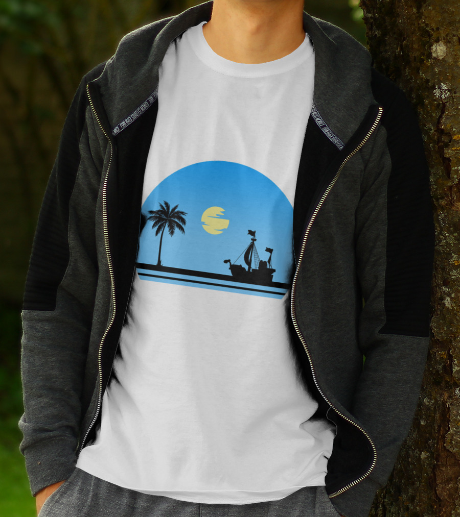 Going Merry Ship Silhouette Sunrise With Palm Tree And Sun T-Shirt