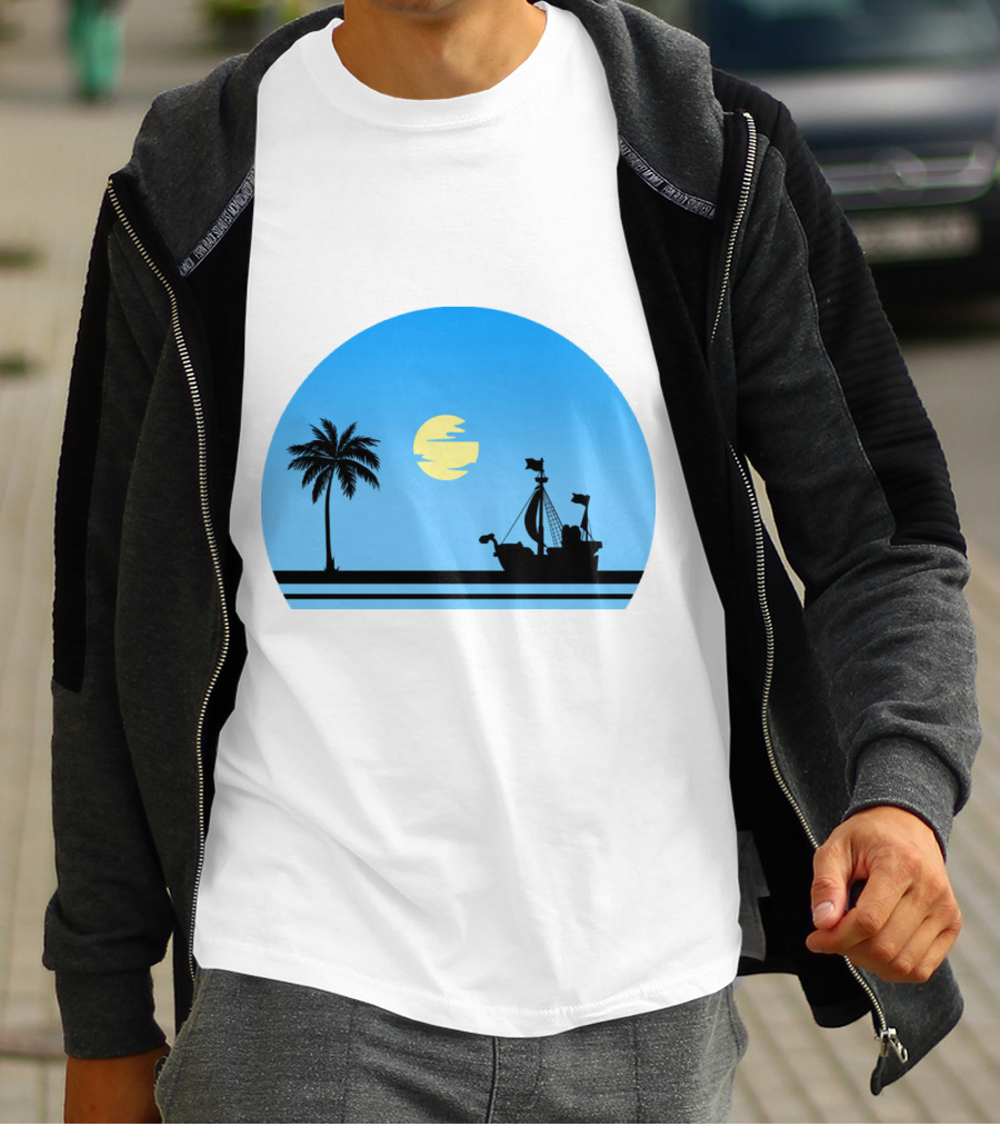 Going Merry Ship Silhouette Sunrise With Palm Tree And Sun T-Shirt