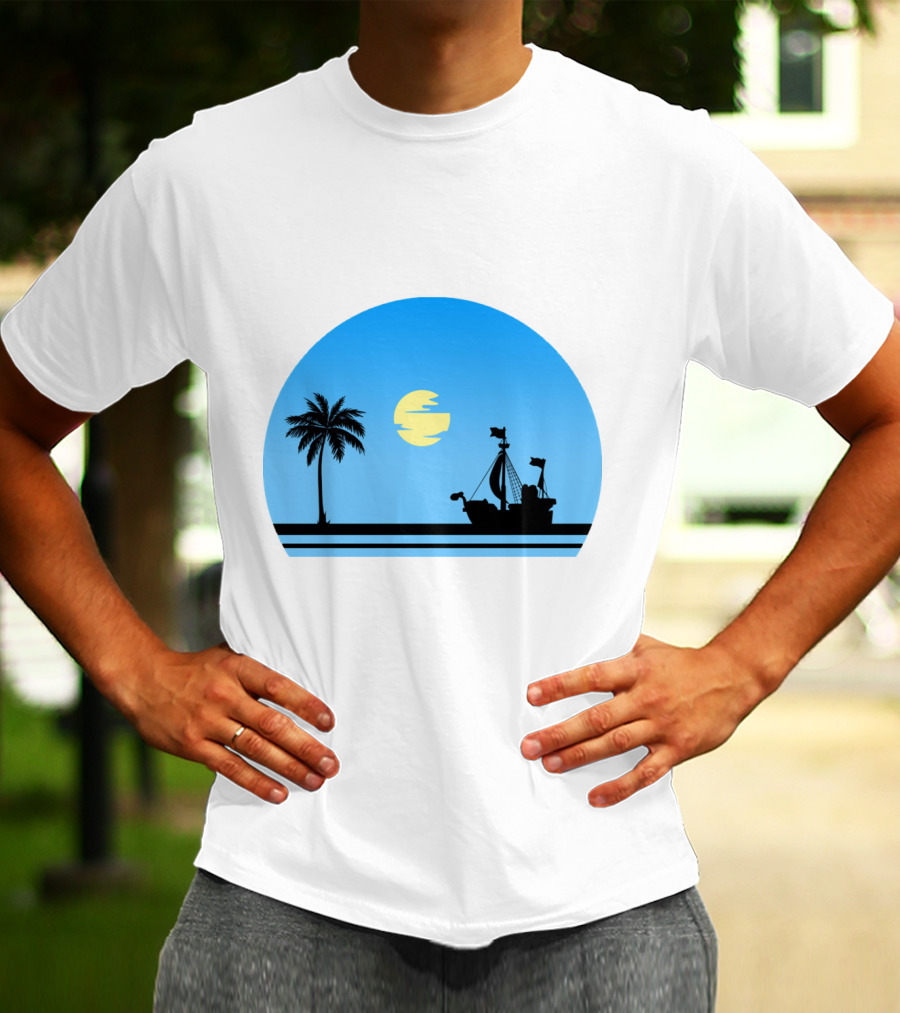 Going Merry Ship Silhouette Sunrise With Palm Tree And Sun T-Shirt