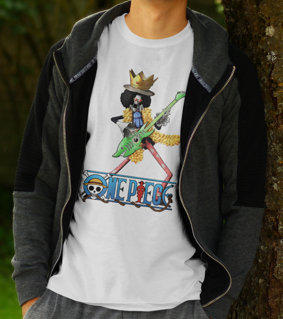 One Piece Brook Playing Guitar With Crown And Yellow Feather Boa T-Shirt