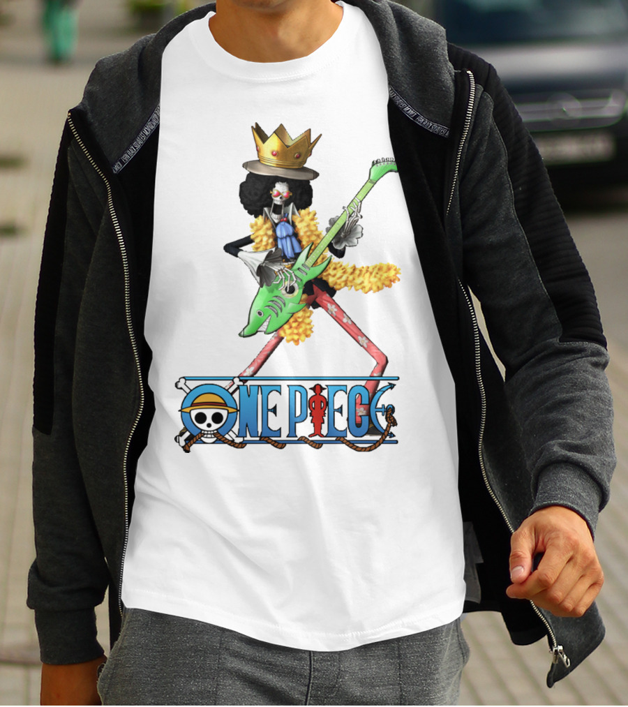 One Piece Brook Playing Guitar With Crown And Yellow Feather Boa T-Shirt
