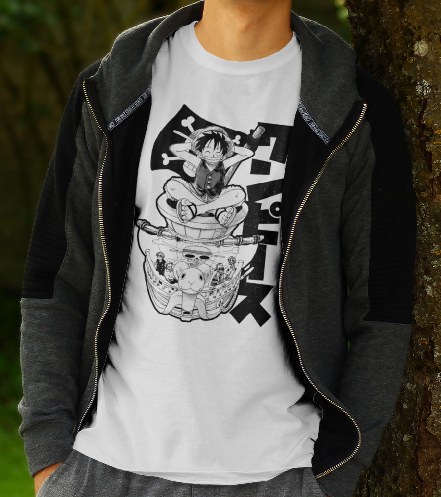 Luffy On Going Merry With Straw Hat Pirates Crew And Jolly Roger Flag T-Shirt