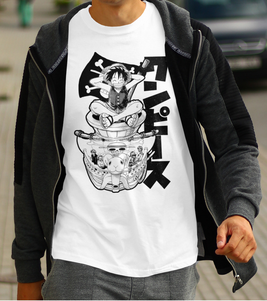 Luffy On Going Merry With Straw Hat Pirates Crew And Jolly Roger Flag T-Shirt