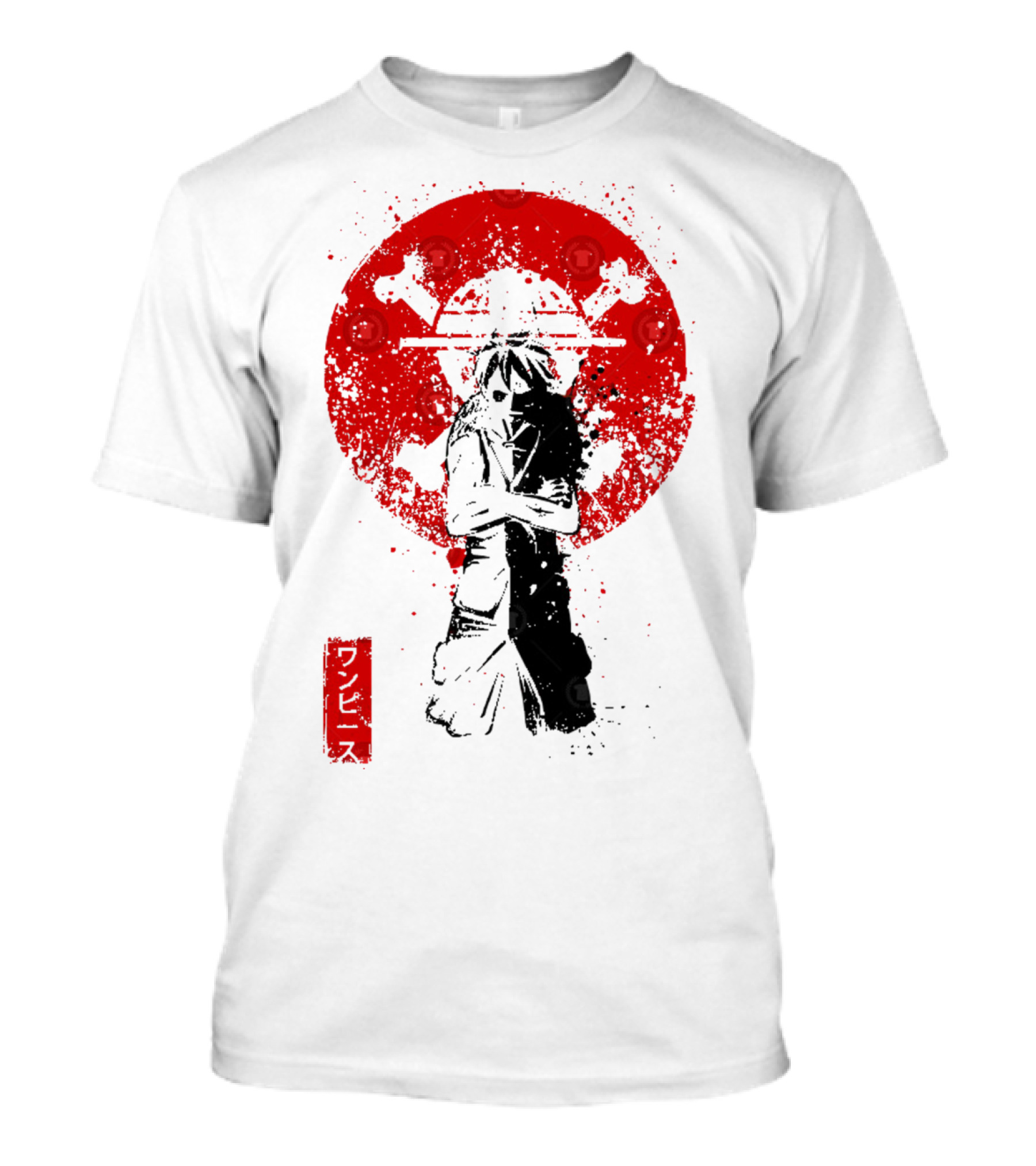 One Piece Pirate's King Splat­ter Japanese Text And Crossbones Red Circle T-Shirt