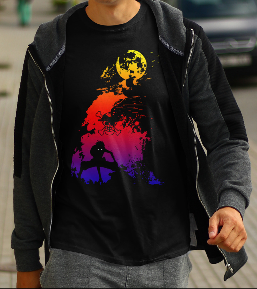 Monkey D. Luffy Shadow Art With Straw Hat Pirate Emblem And Moon T-Shirt