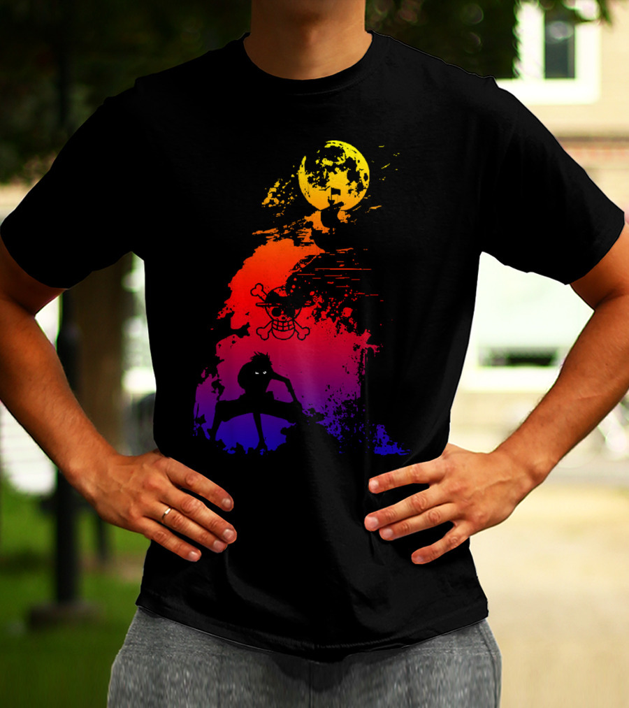 Monkey D. Luffy Shadow Art With Straw Hat Pirate Emblem And Moon T-Shirt