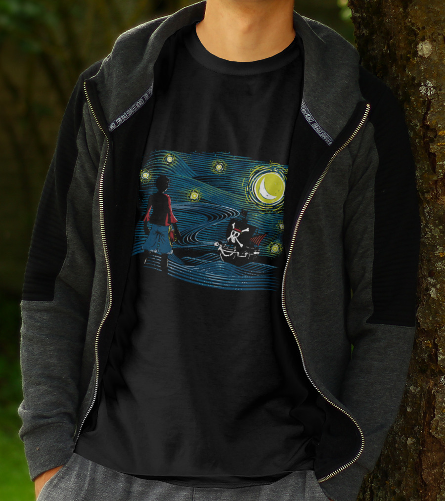 Starry Sea Voyage With Pirate Ship Under Starry Night Sky T-Shirt