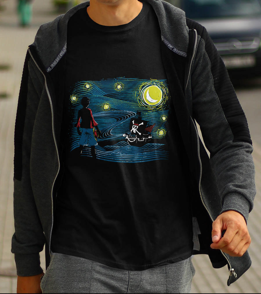 Starry Sea Voyage With Pirate Ship Under Starry Night Sky T-Shirt