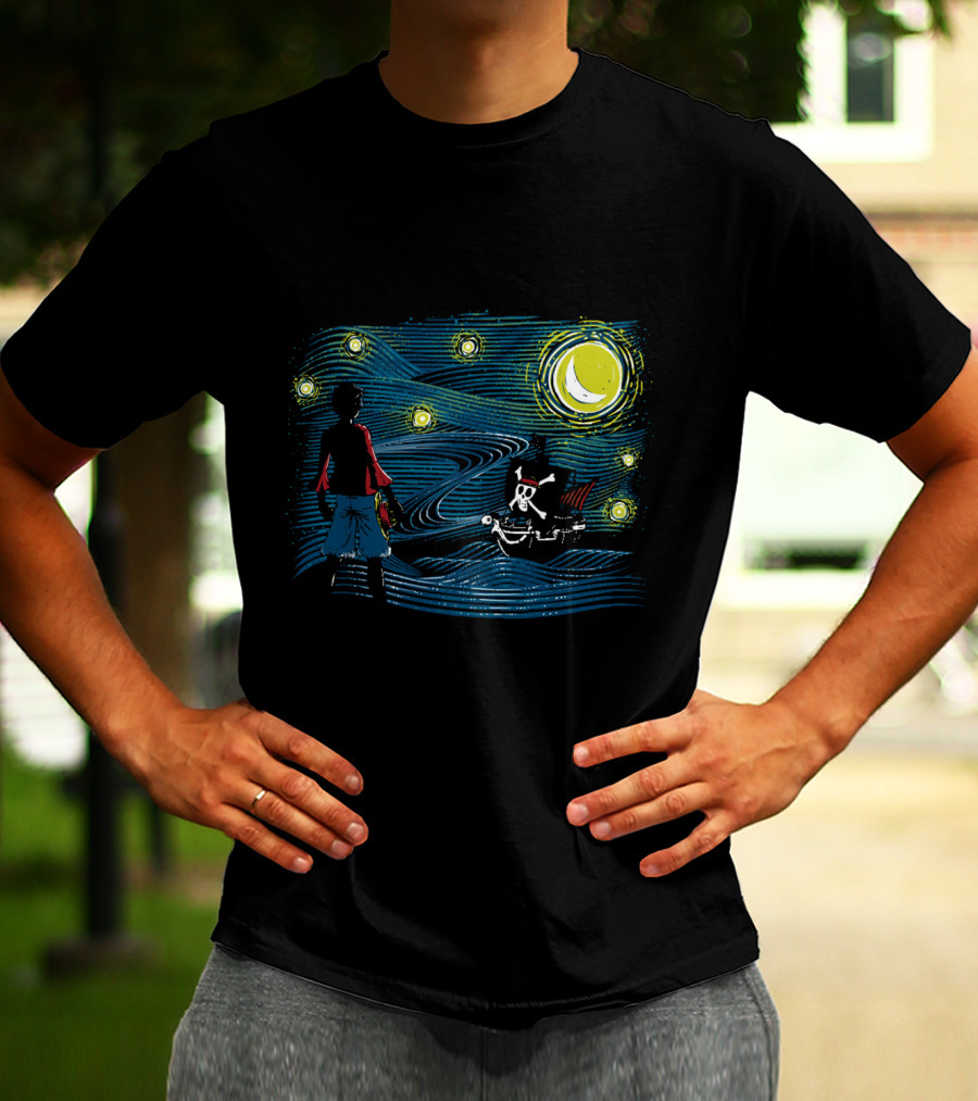 Starry Sea Voyage With Pirate Ship Under Starry Night Sky T-Shirt