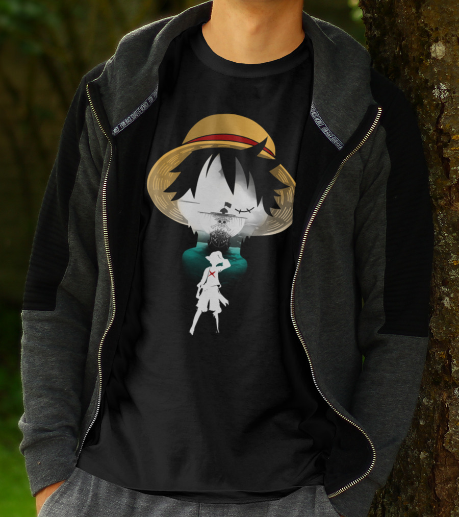 Strawhat Pirate Silhouette Design With Iconic Ship And Sea Adventure T-Shirt