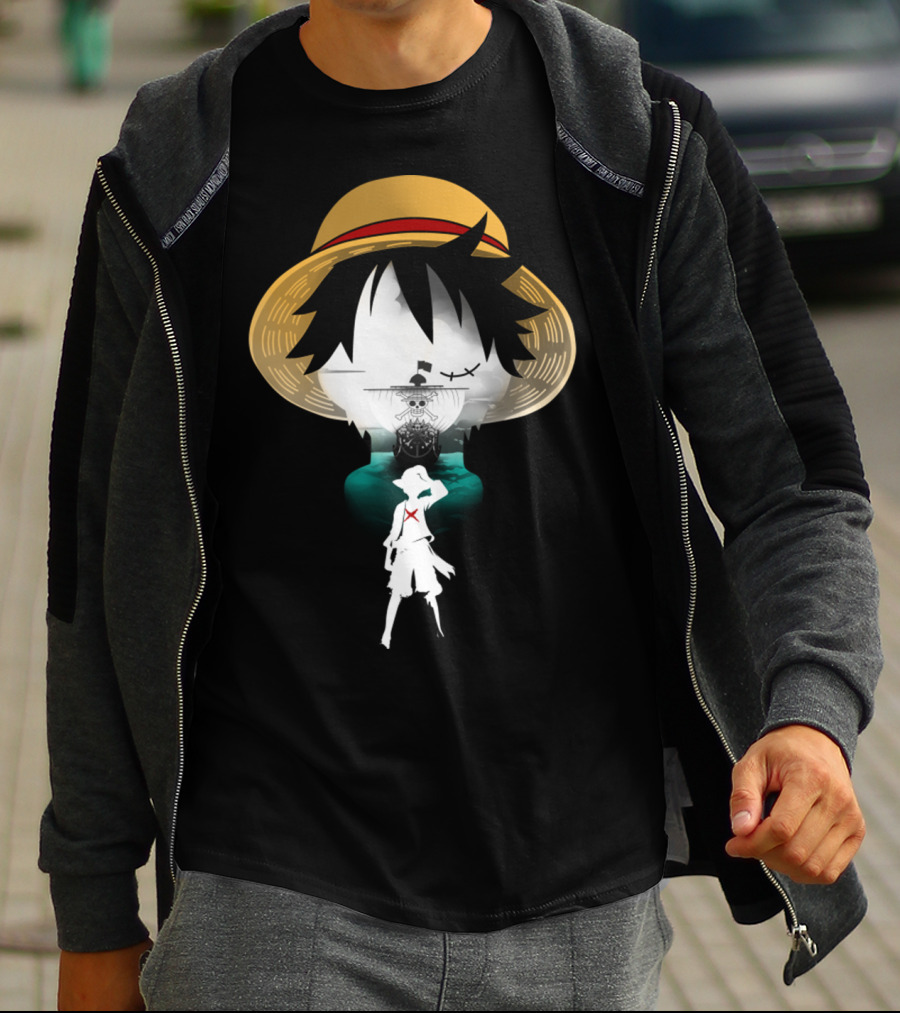 Strawhat Pirate Silhouette Design With Iconic Ship And Sea Adventure T-Shirt