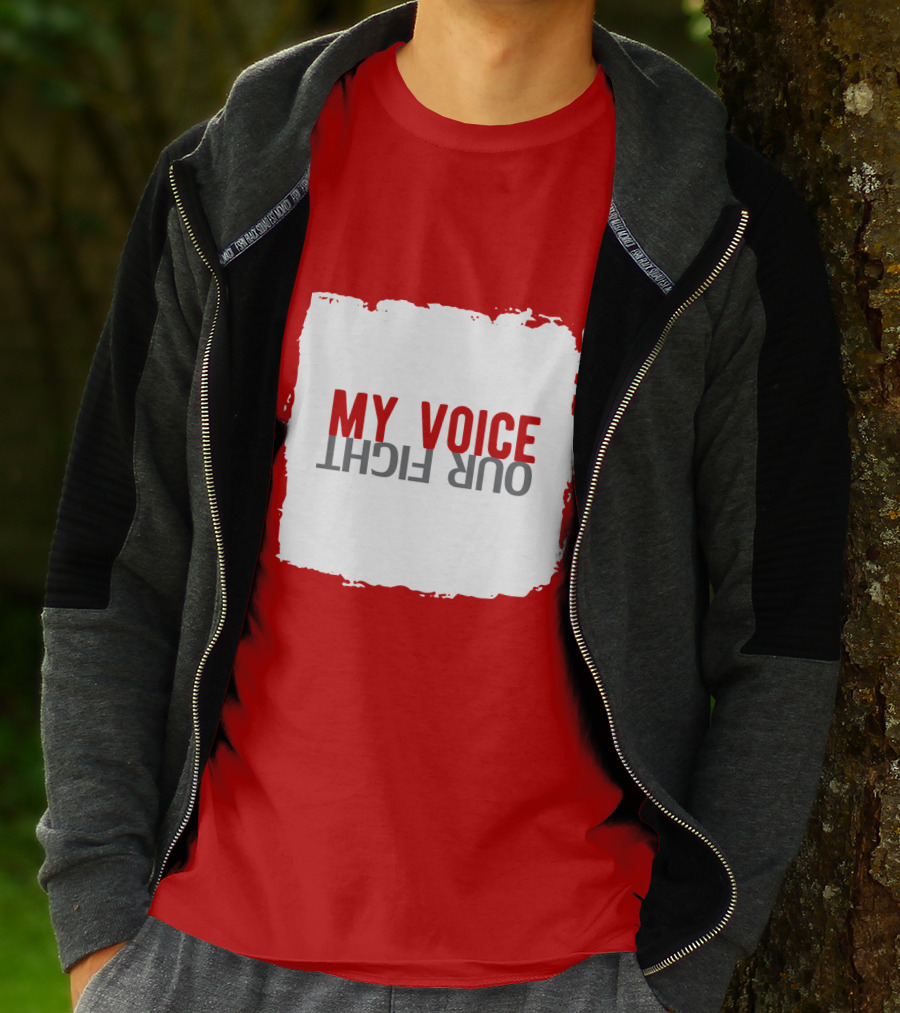 My Voice Our Fight Red And White Distressed Square T-Shirt