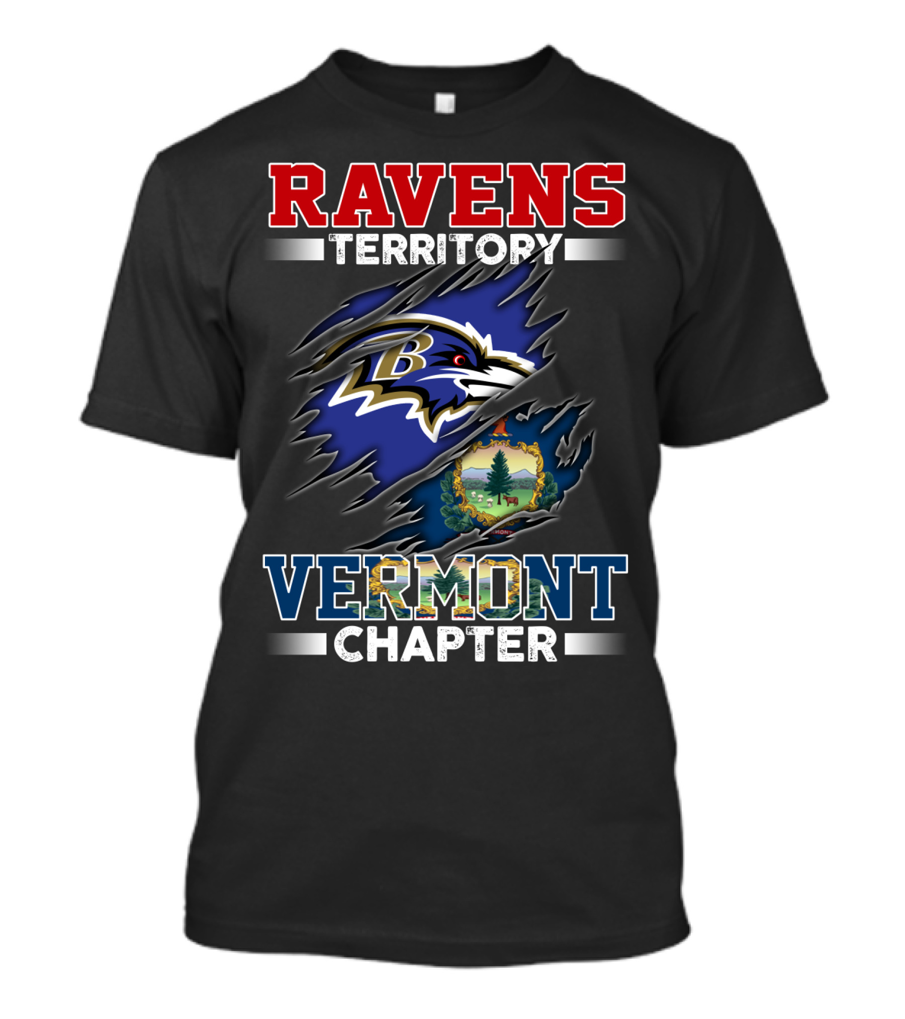 Ravens Territory Vermont Chapter Baltimore Football Team Logo And Vermont State Seal T-Shirt