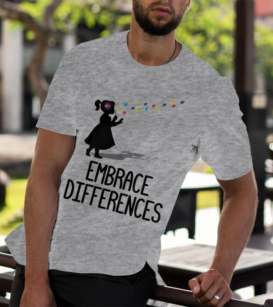 Embrace Differences Silhouette Girl With Autism Puzzle Flower And Colorful Bubbles T-Shirt