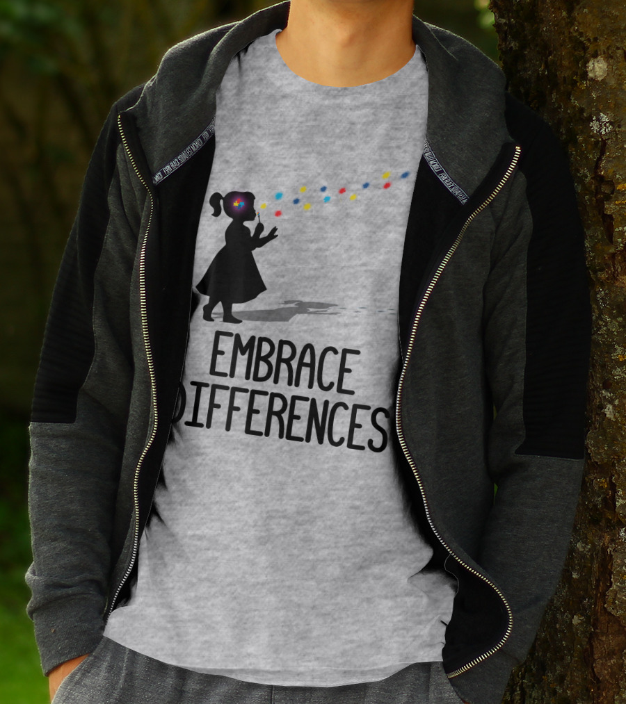 Embrace Differences Silhouette Girl With Autism Puzzle Flower And Colorful Bubbles T-Shirt