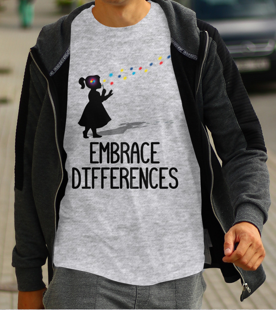 Embrace Differences Silhouette Girl With Autism Puzzle Flower And Colorful Bubbles T-Shirt