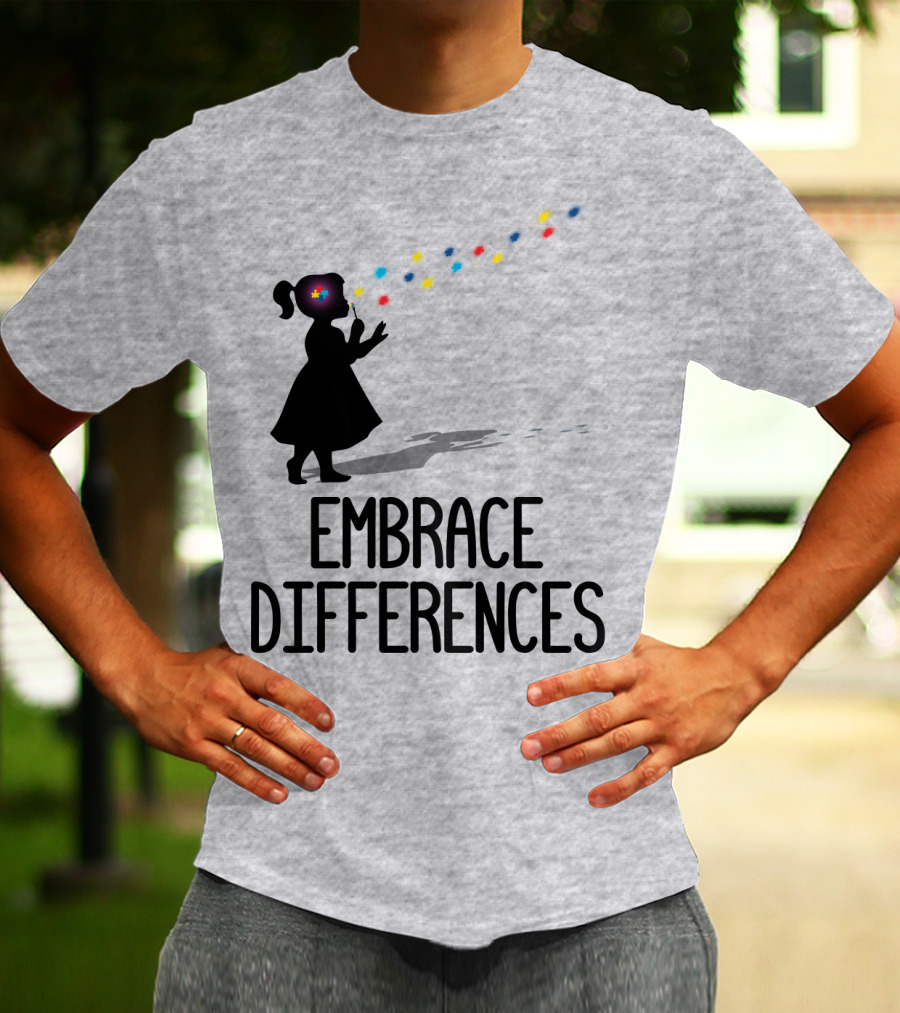 Embrace Differences Silhouette Girl With Autism Puzzle Flower And Colorful Bubbles T-Shirt