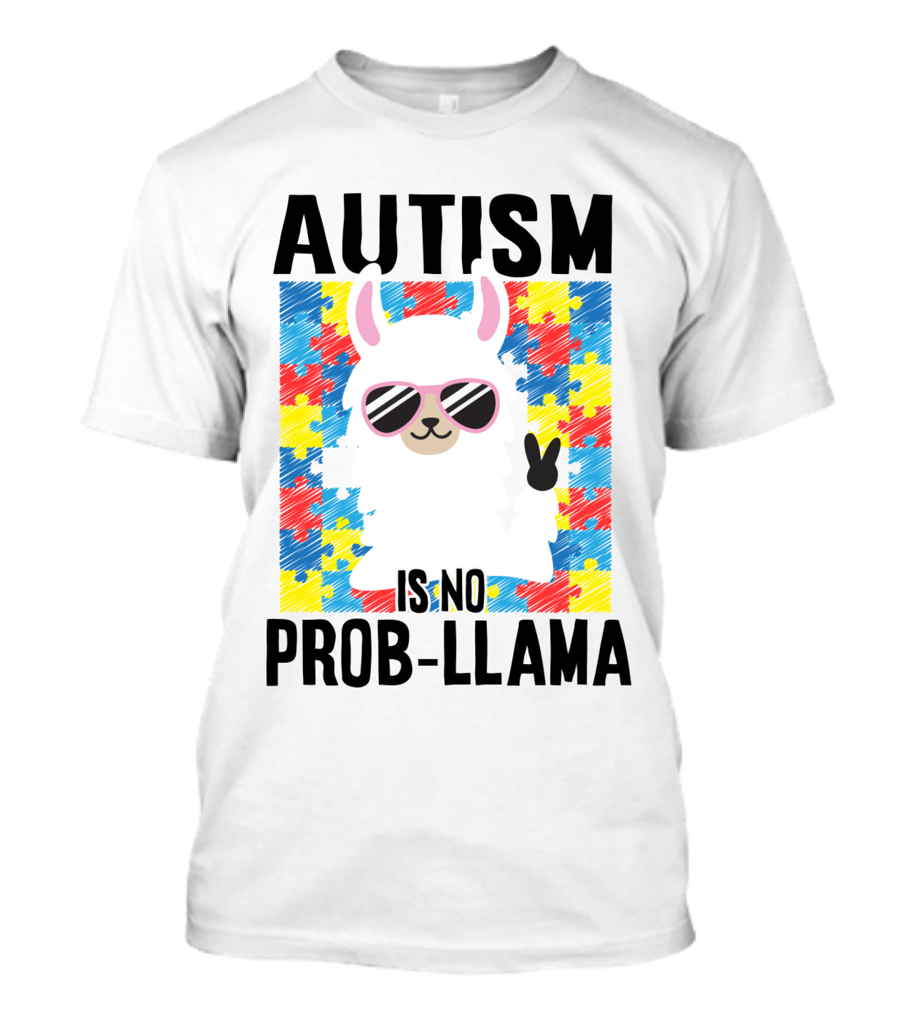 Autism Is No Prob-Llama Puzzle Pattern Sunglasses Peace Sign T-Shirt