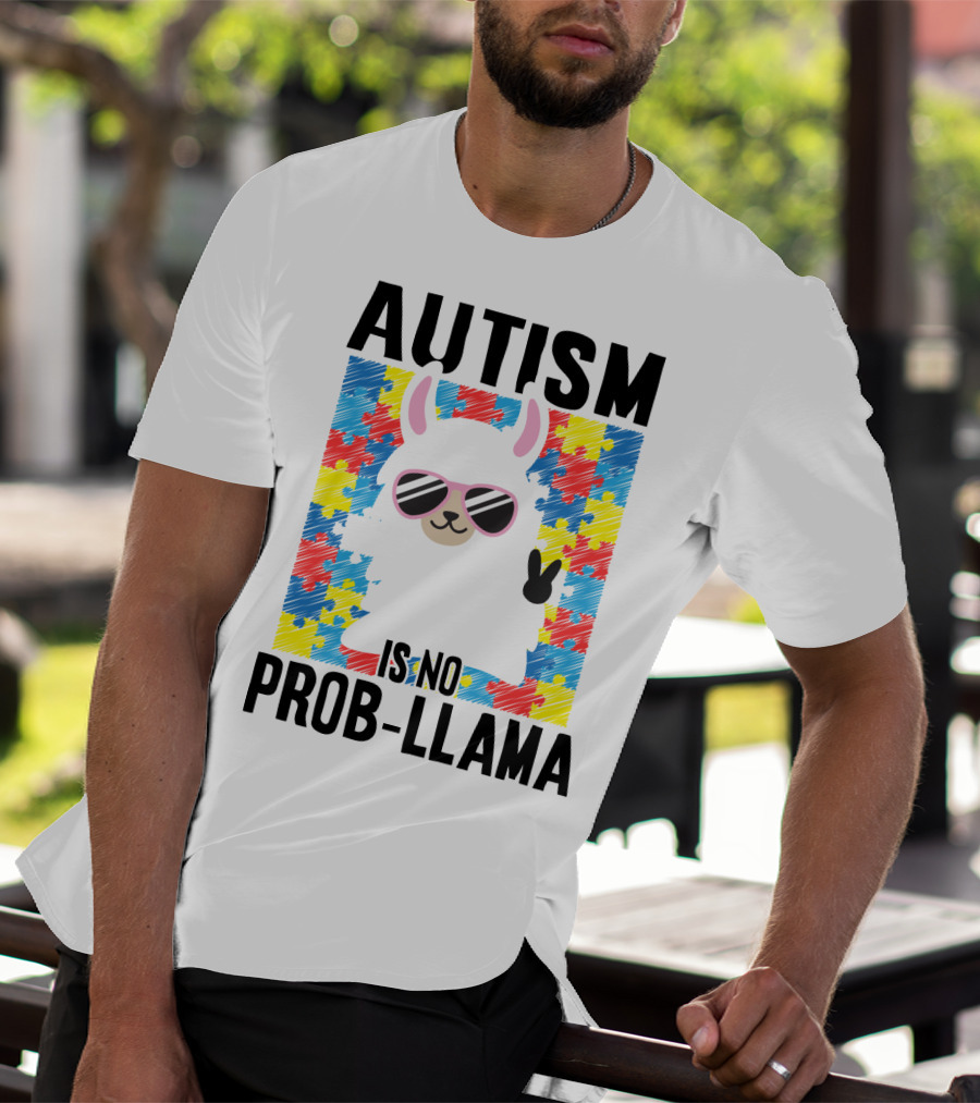 Autism Is No Prob-Llama Puzzle Pattern Sunglasses Peace Sign T-Shirt