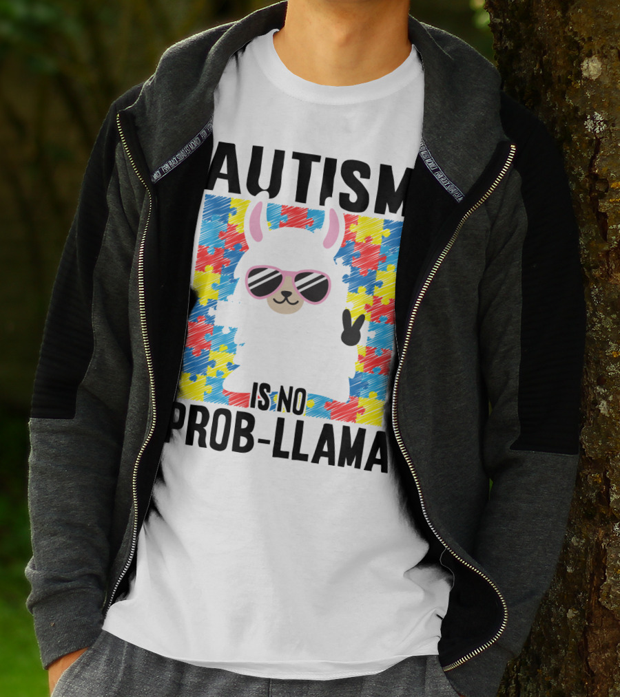 Autism Is No Prob-Llama Puzzle Pattern Sunglasses Peace Sign T-Shirt