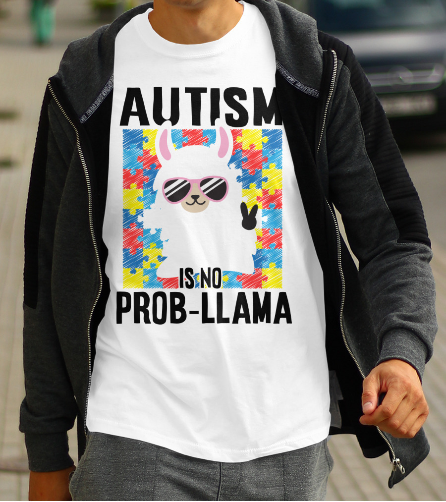 Autism Is No Prob-Llama Puzzle Pattern Sunglasses Peace Sign T-Shirt